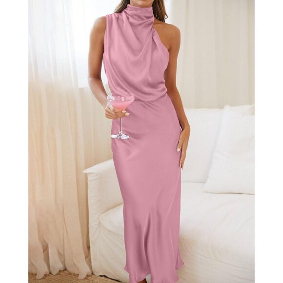Women's Dusty Pink Cocktail Dress for Satin Silk Sleeveless High Waist Maxi - Picture 5 of 8
